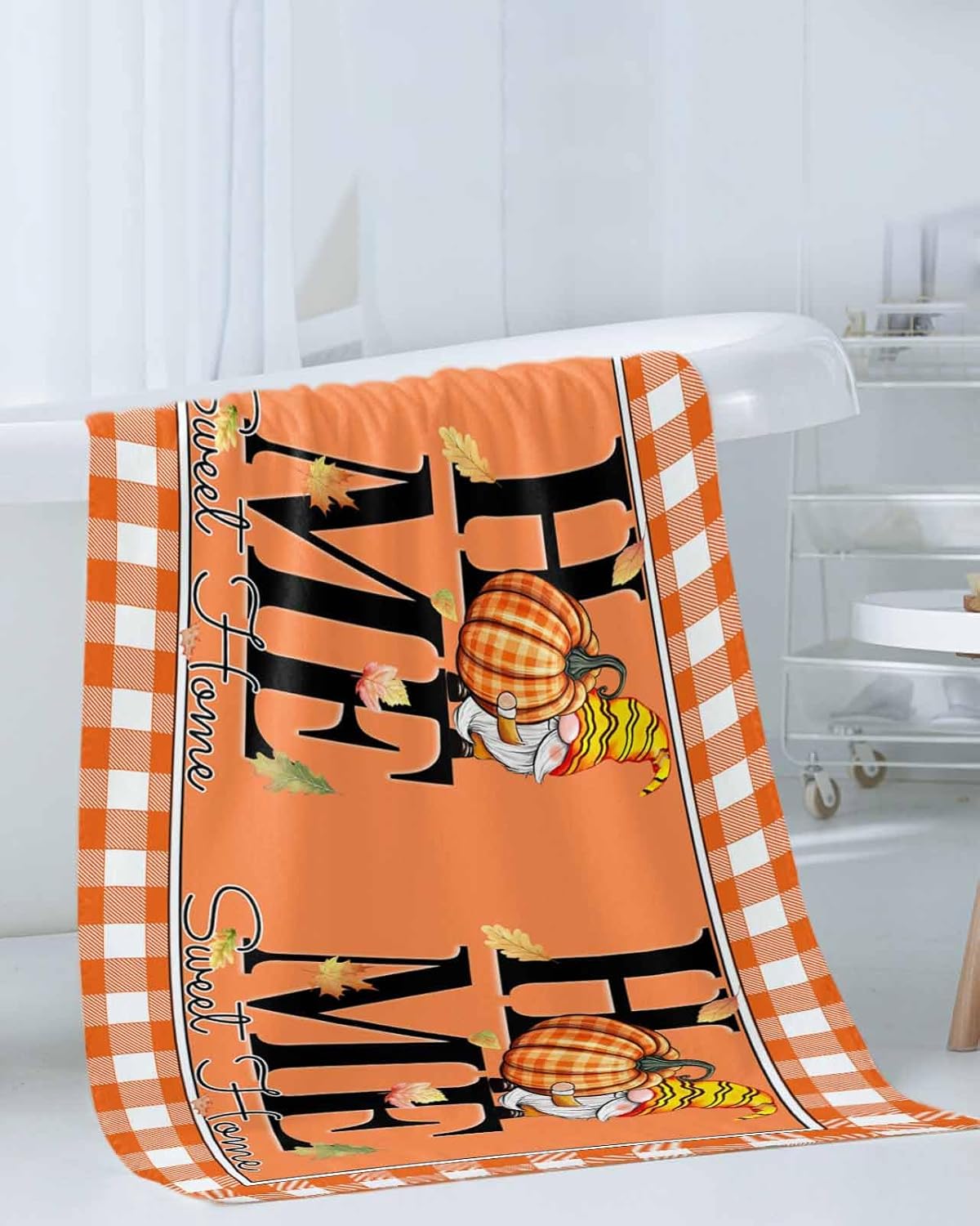 Double Love Orange Thanksgiving Towel Set - Plaid Design 3 Piece Microfiber Bath Towels