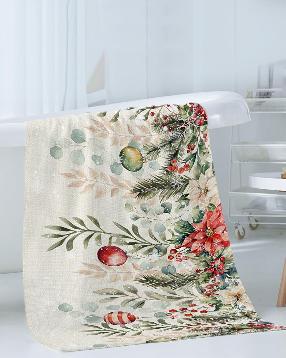 Christmas Bath Towels Set of 3 - Poinsettia Holly Eucalyptus Decor