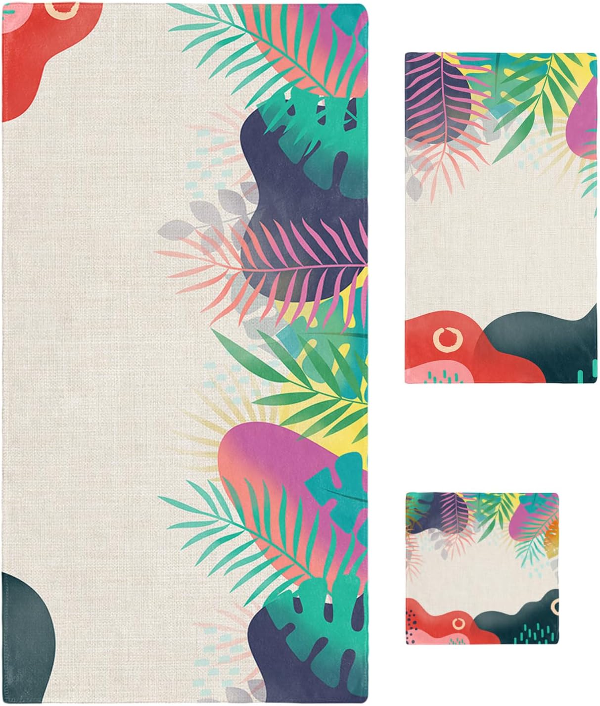 Smile Sunflower 3 Pcs Bath Towel Set with Abstract Leaves Pattern
