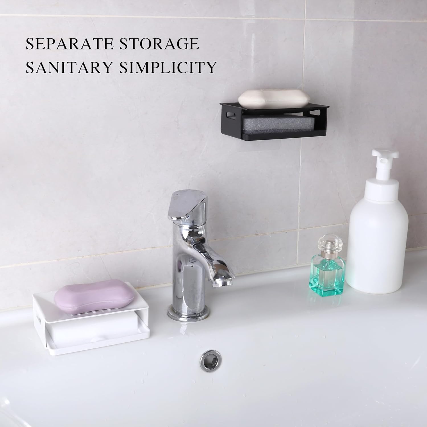 White Bathroom Soap Dish with Drain Spout and Sponge Holder