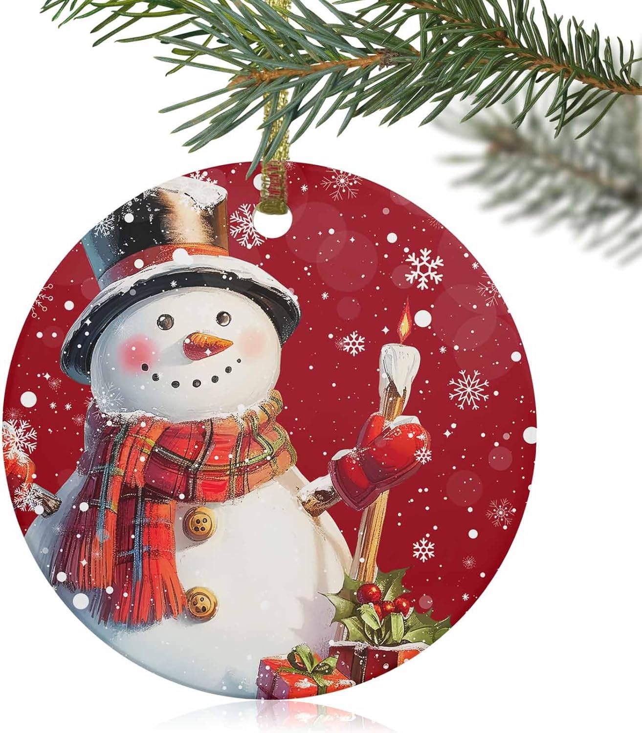 Christmas Snowman Candle Ornament with Gold Ribbon