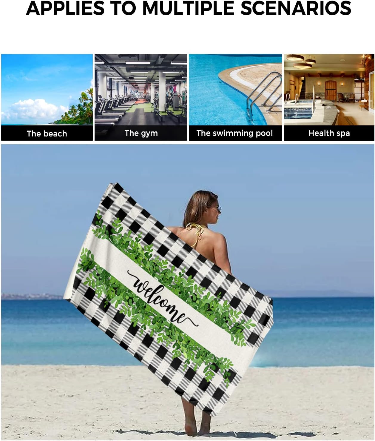 Chees D Zone Bath Towel Set with Green Leaves and Black Plaid Design