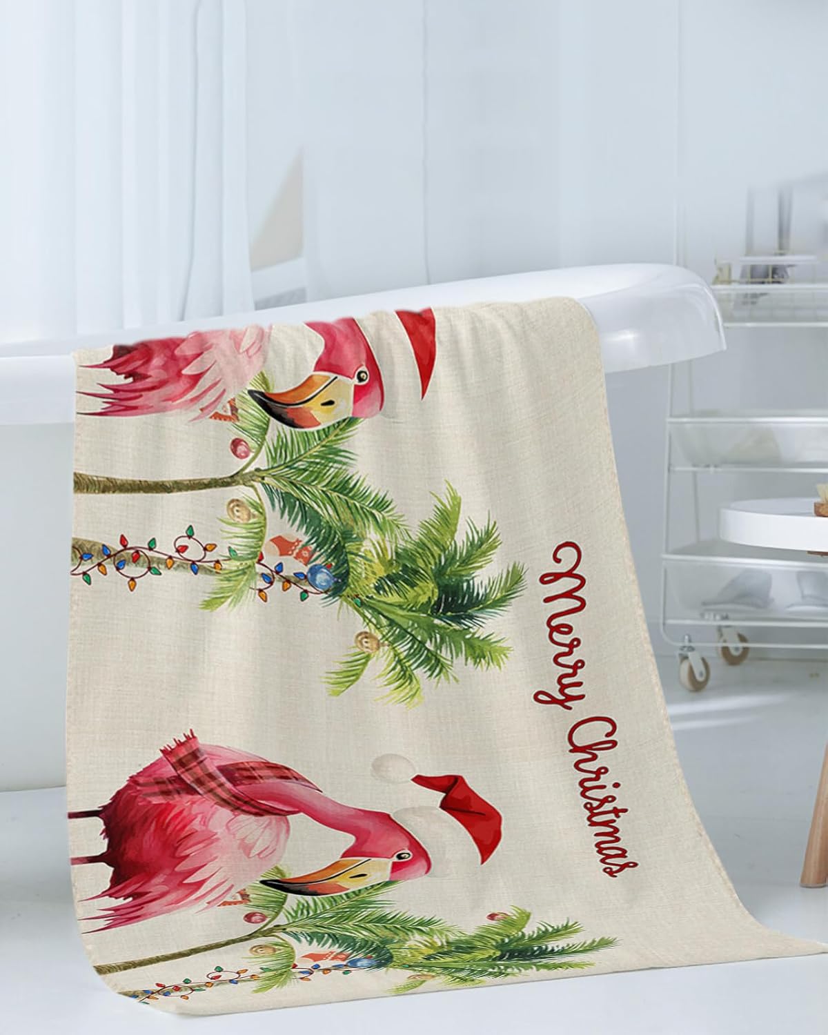 Christmas Bath Towel Set of 3 - Flamingo Coconut Tree Linen Texture