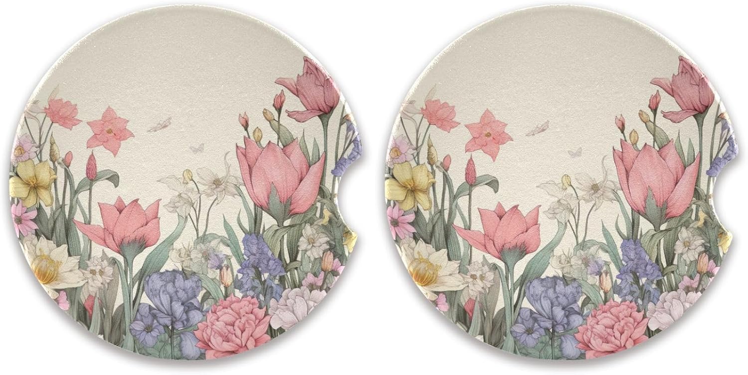 Retro Flowers Car Cup Holder Coasters 2 Pack