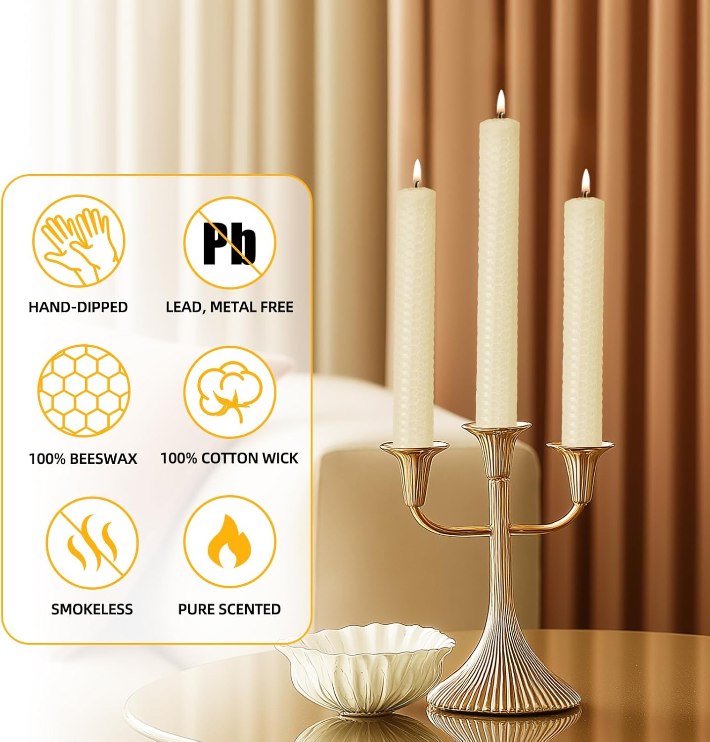 KONNI Natural Beeswax Taper Candles Pack of 3