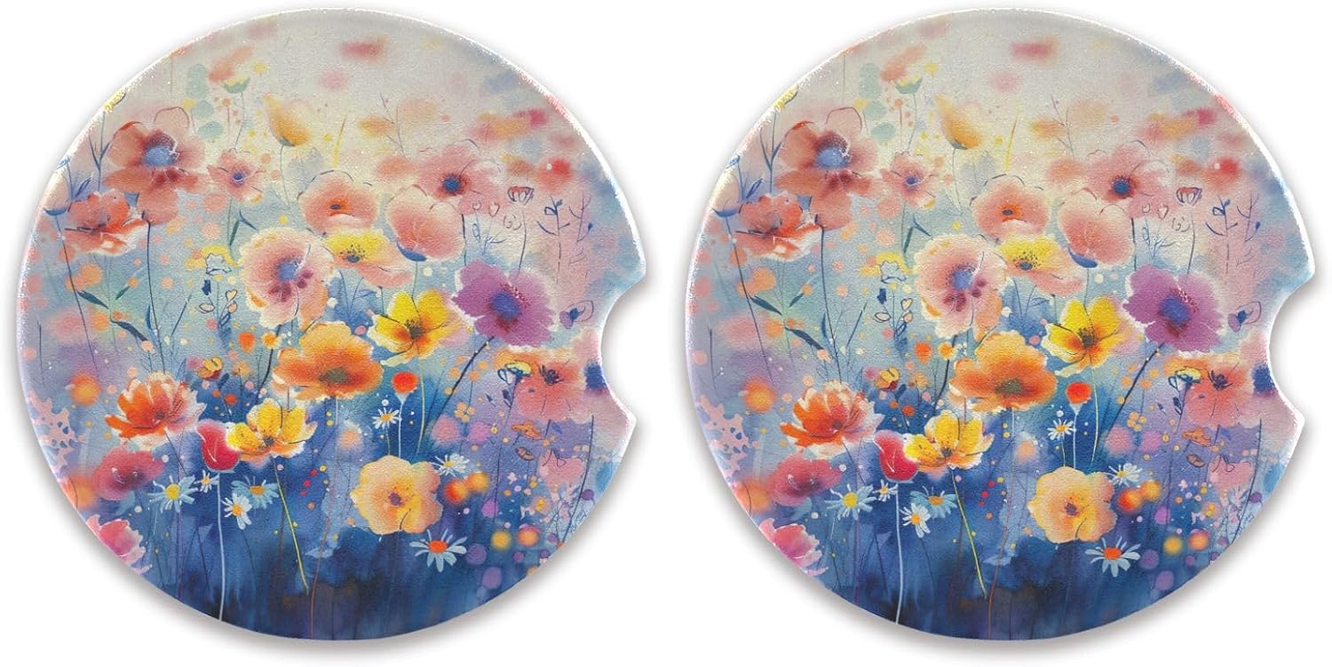 Takiito Watercolor Flowers Car Coasters 2 Pack 1