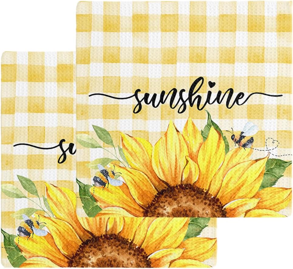 Falaniique Plaid Sunflower Waffle Dish Towel Set of 2