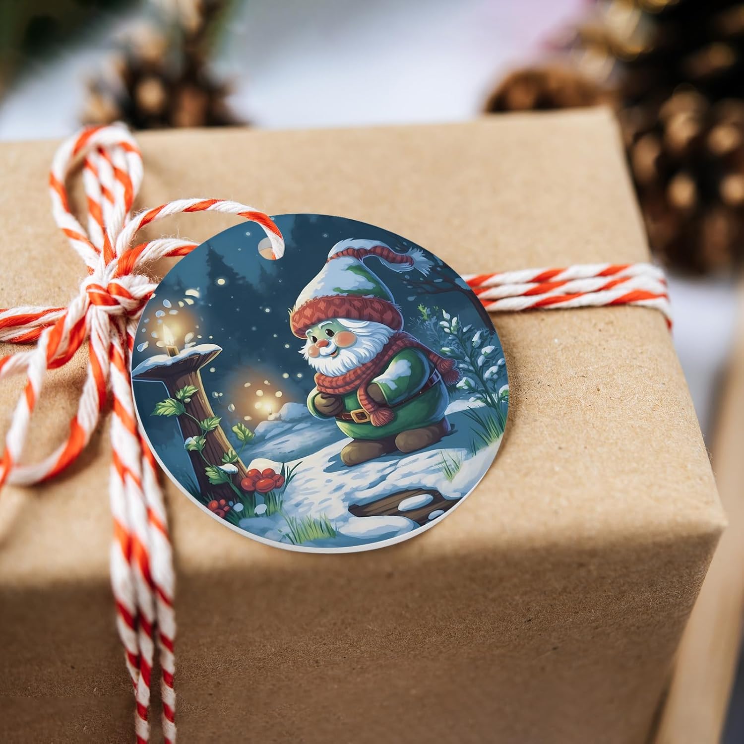 Christmas Santa Gnome Ceramic Ornament with Gold Ribbon