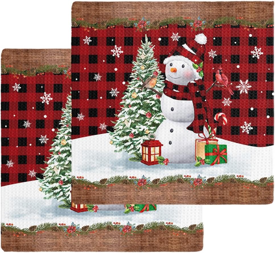 Falaniique Red Plaid Snowman Waffle Dish Towel Set of 2 1