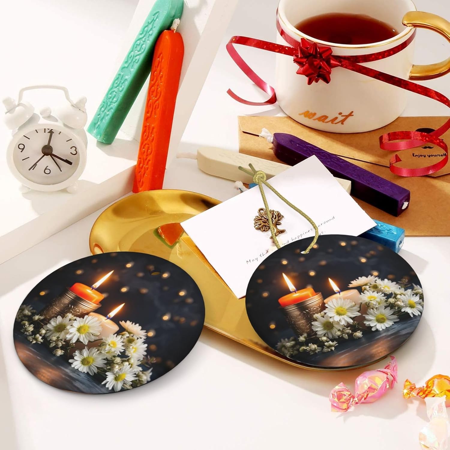 ProxXi Stones with Candles Daisy Print Round Christmas Tree Ceramic Hanging Accessories