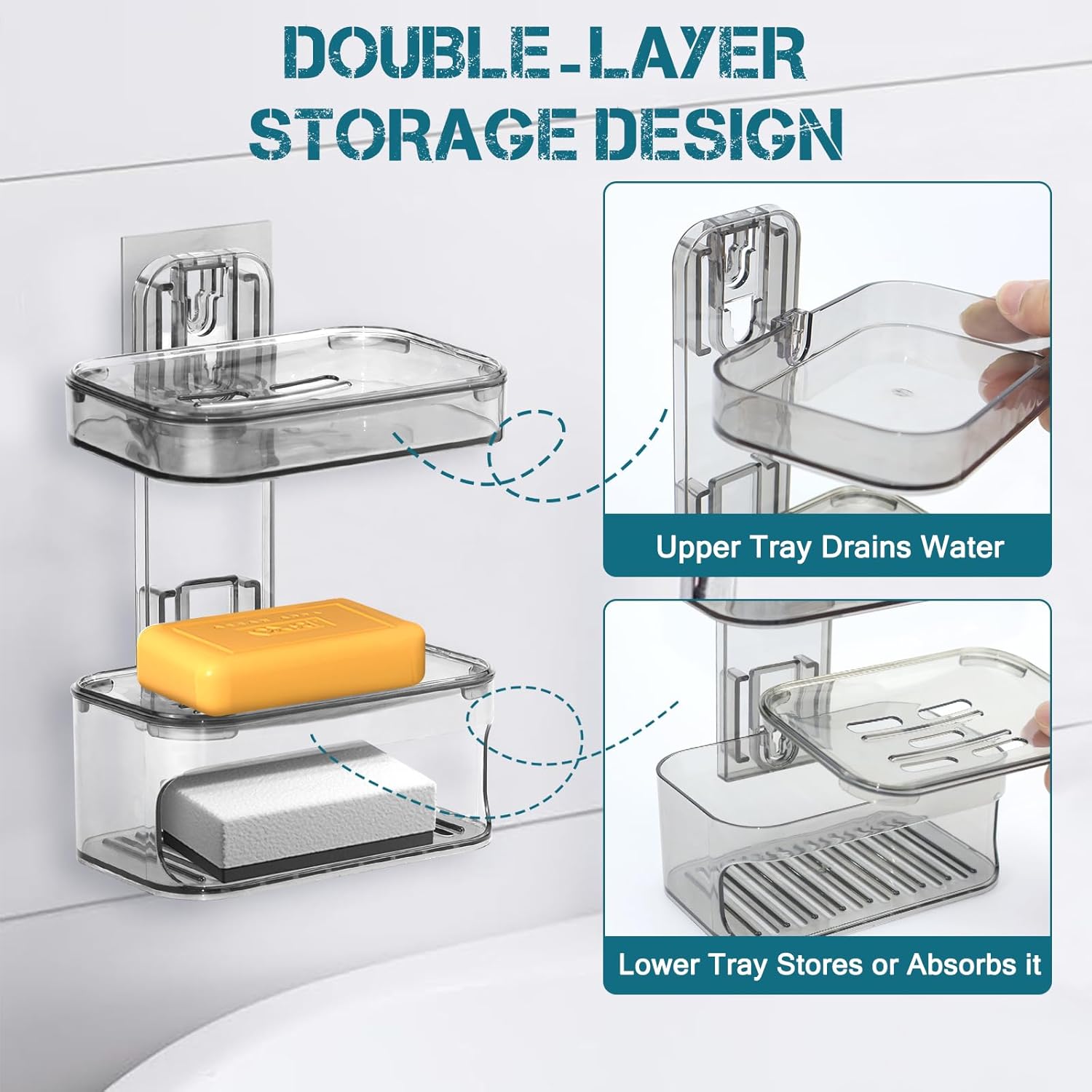 Double Layer Soap Dish Wall Mounted Transparent Gray Holder with Drainage