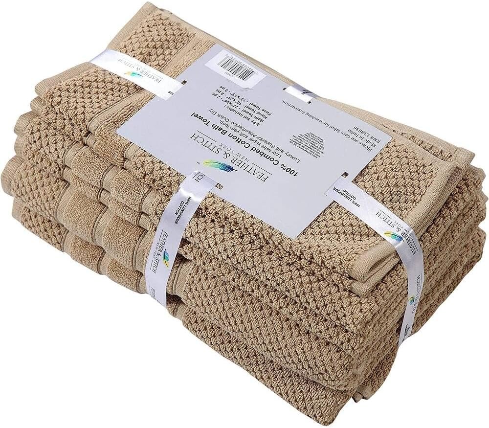 Feather Stitch 6 Piece Cotton Towel Set - Ultra Soft Quick Dry 625 GSM