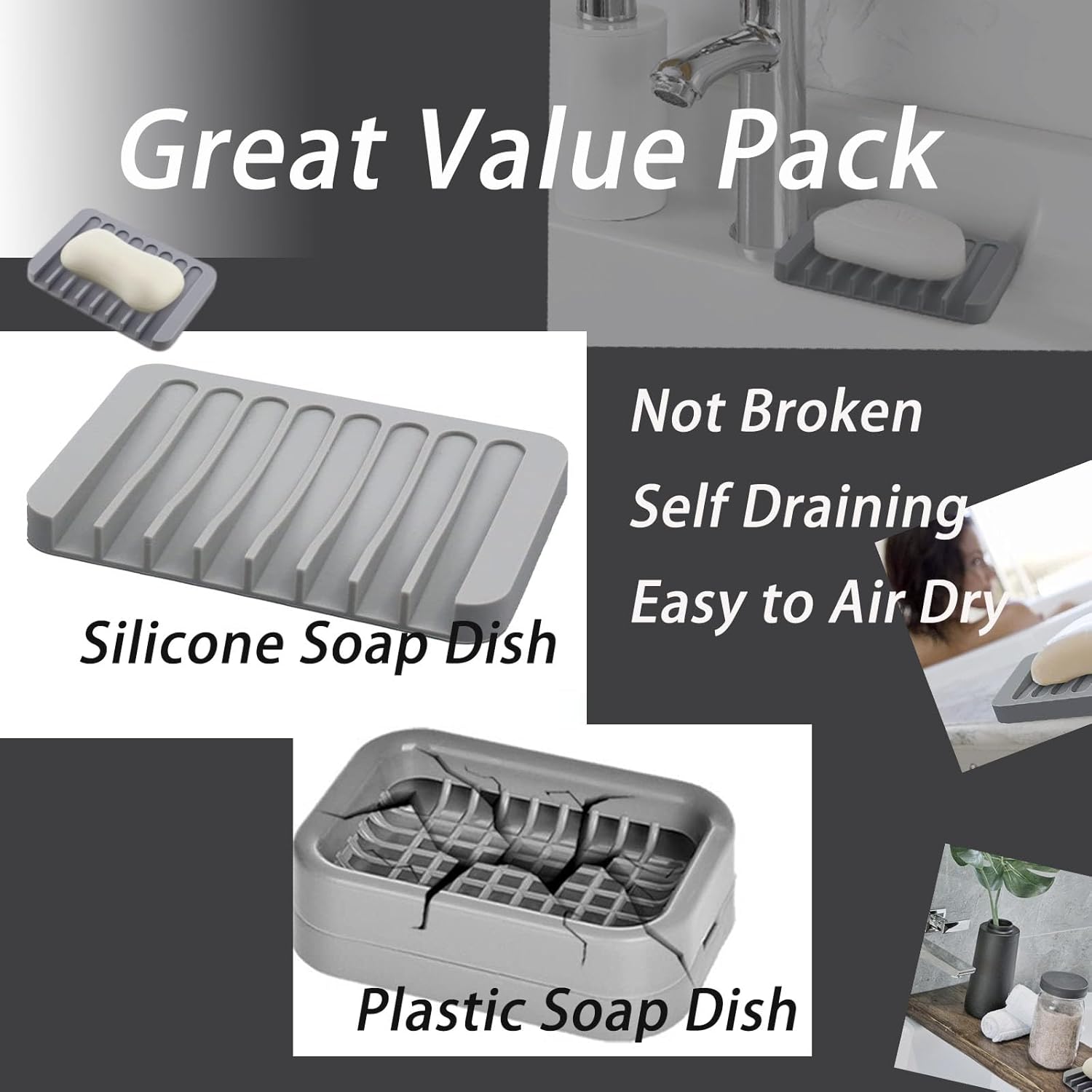 Premium Silicone Soap Dish Set of 3 Self Draining Waterproof Durable