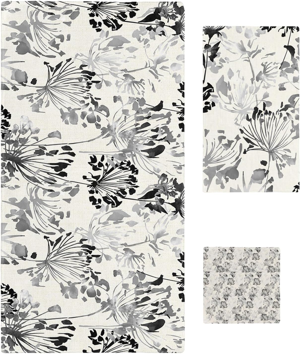 Smile Sunflower 3 Pcs Bath Towel Set Grey and Black Flowers