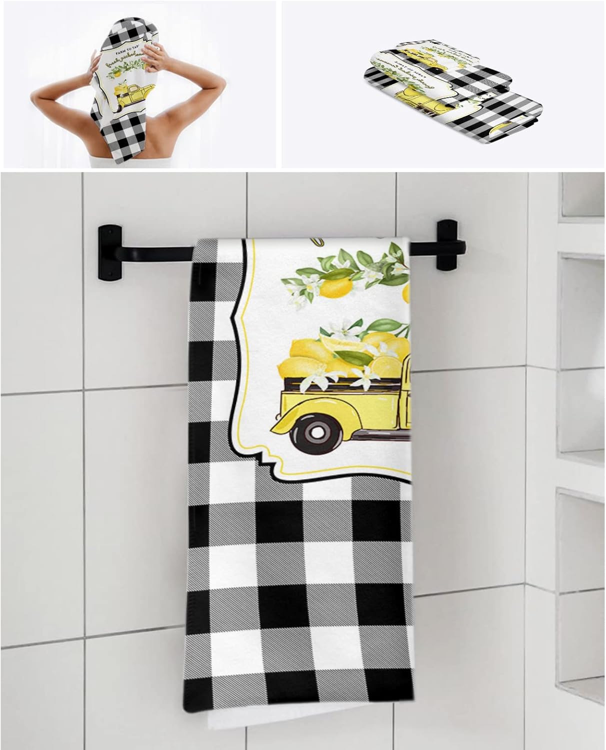 Shine-Home Summer Lemon Plaid Towel Set 3pcs