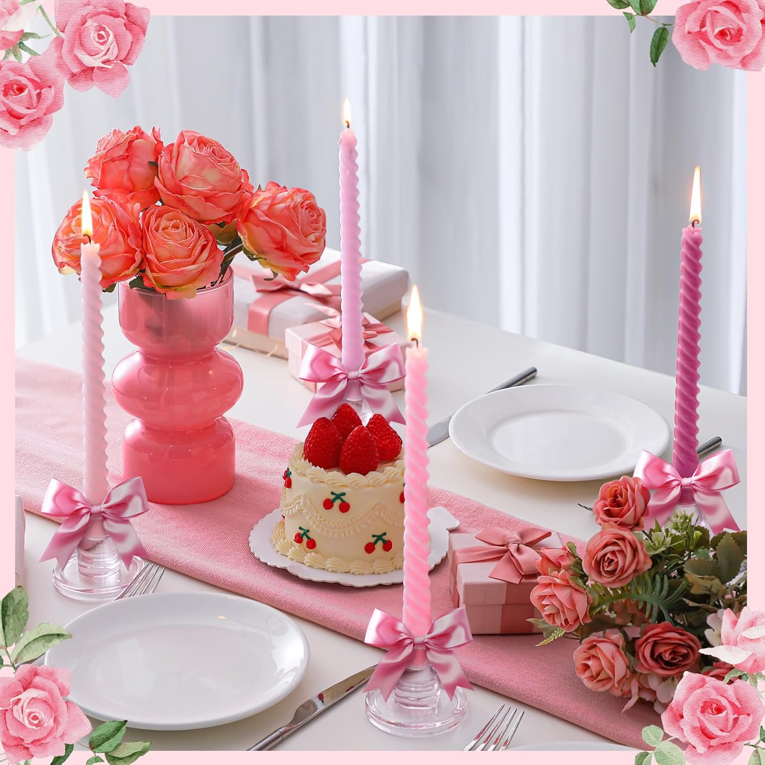16 Pcs Pink Spiral Taper Candles Set for Valentine Wedding