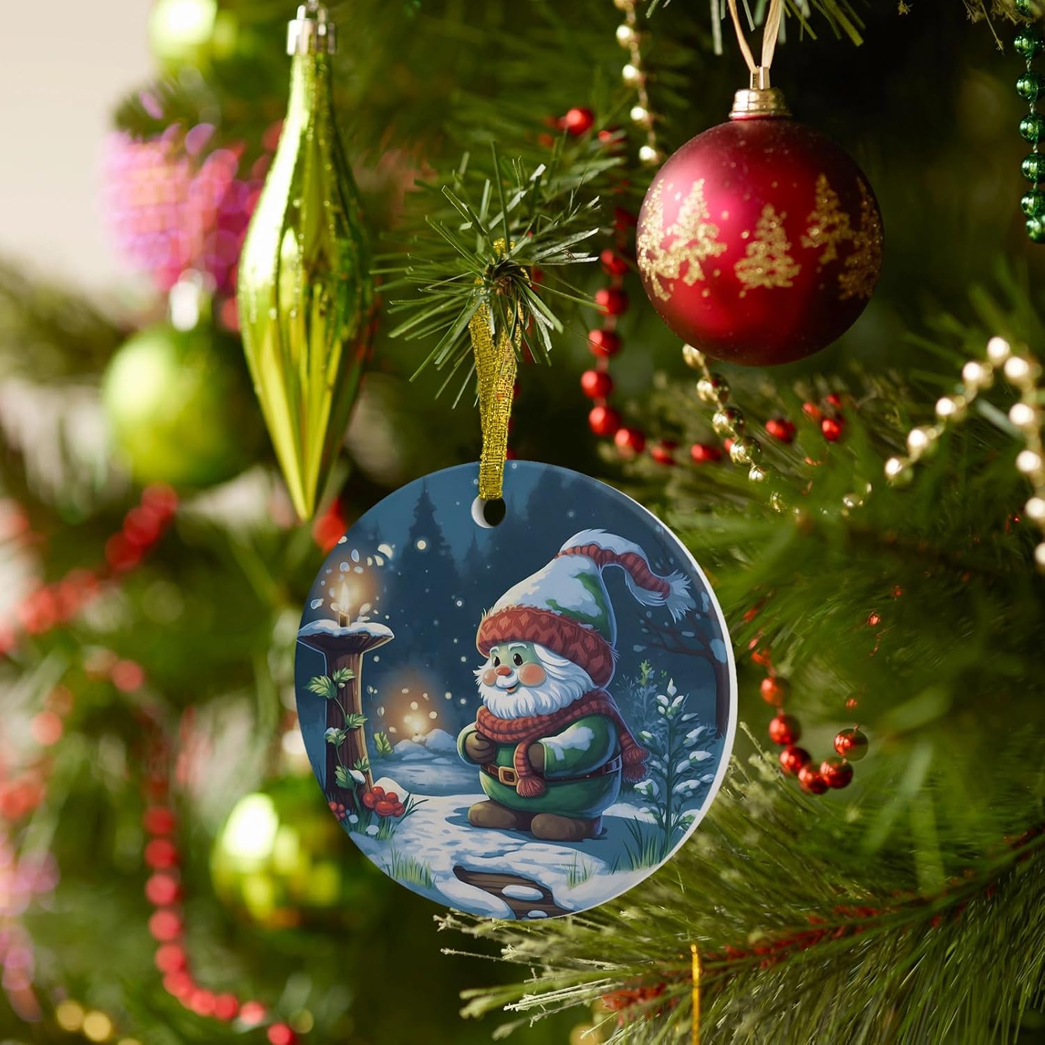 Christmas Santa Gnome Ceramic Ornament with Gold Ribbon