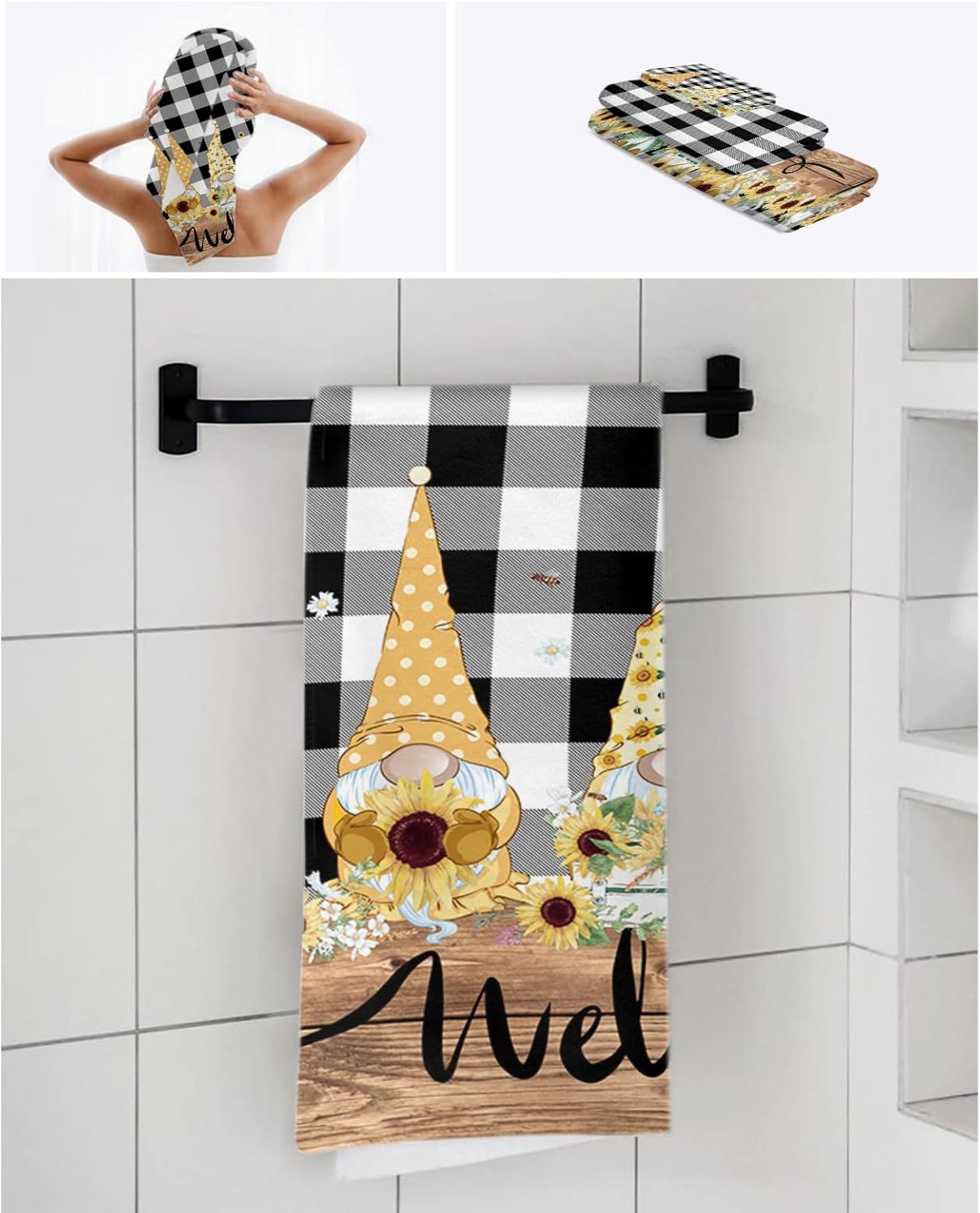 ZOE GARDEN Summer Green Plaid Gnomes Towel Set 3-PC