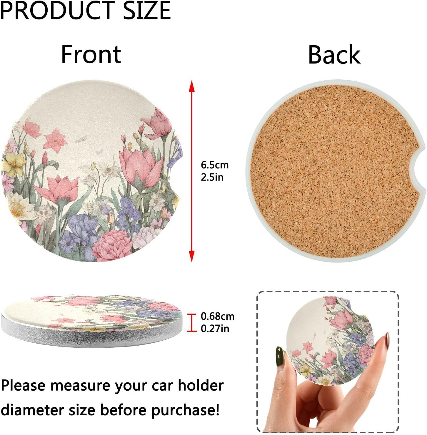 Retro Flowers Car Cup Holder Coasters 2 Pack