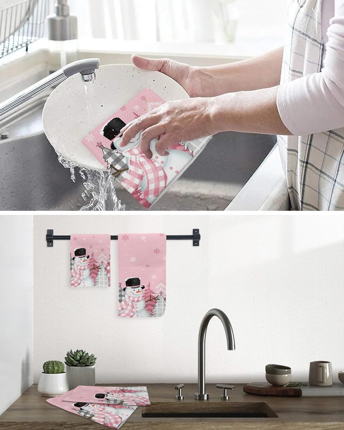 Falaniique Snowman Waffle Towel Set of 4 Blush Pink Tree Plaid Dot