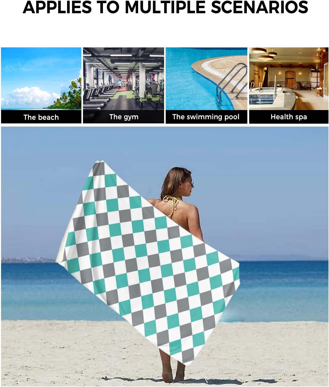 Summer Teal Green Grey Diamond Lattice Abstract Towel Set for Bathroom