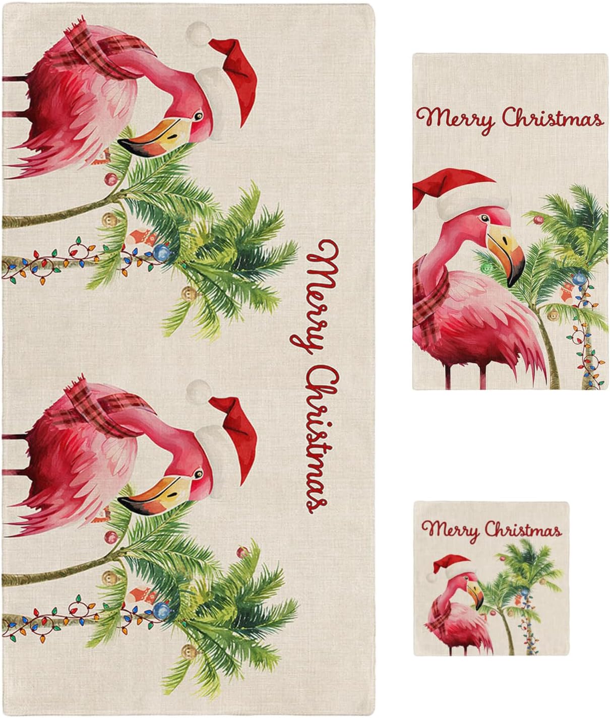 Christmas Bath Towel Set of 3 - Flamingo Coconut Tree Linen Texture