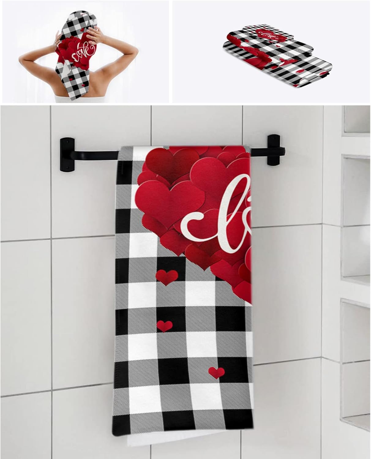 Shine-Home Valentine Towel Set - Red Black Plaid Microfiber Bath Towels and Washcloths