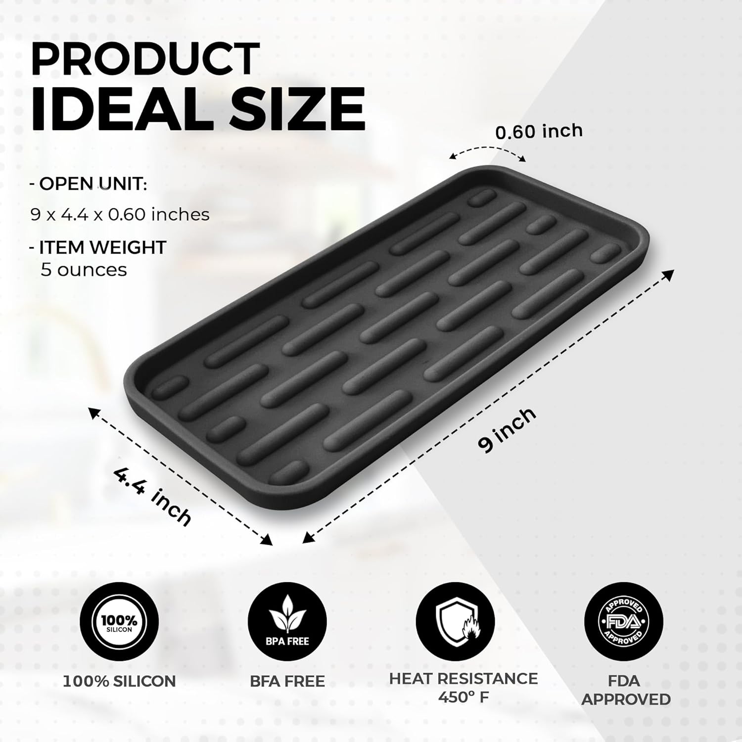 DENDEN Home Silicone Bathroom Vanity Tray - 9x4 Black