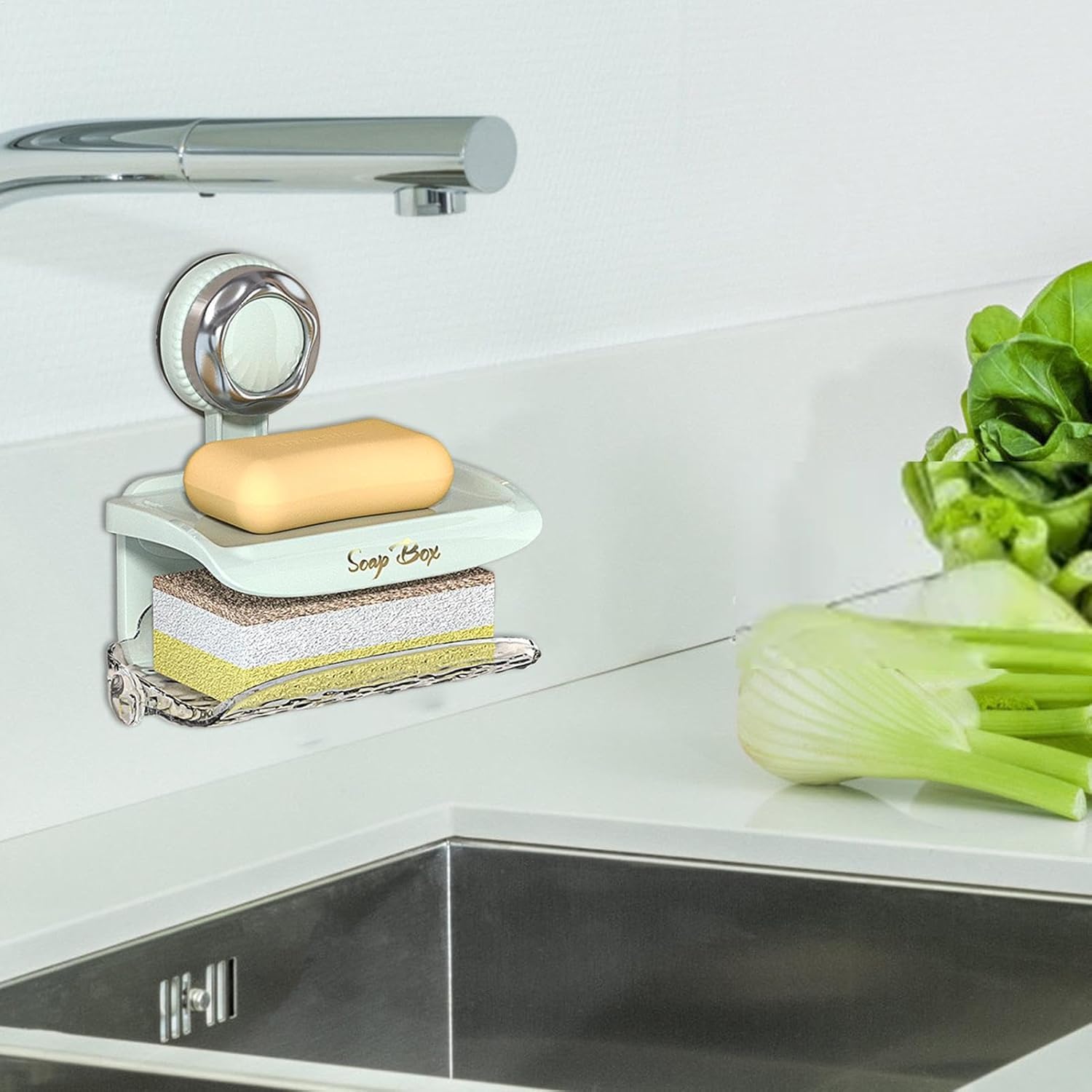 Suction Soap Holder - Double Tray Green Wall Mount