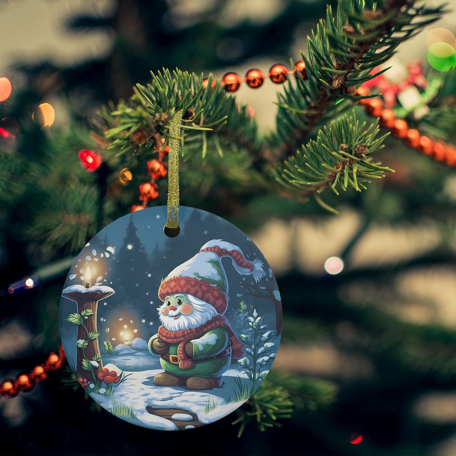 Christmas Santa Gnome Ceramic Ornament with Gold Ribbon