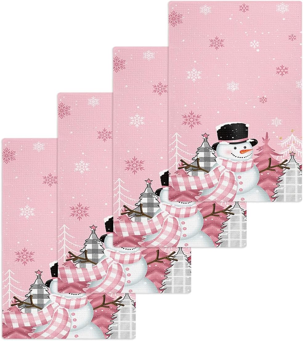 Falaniique Snowman Waffle Towel Set of 4 Blush Pink Tree Plaid Dot