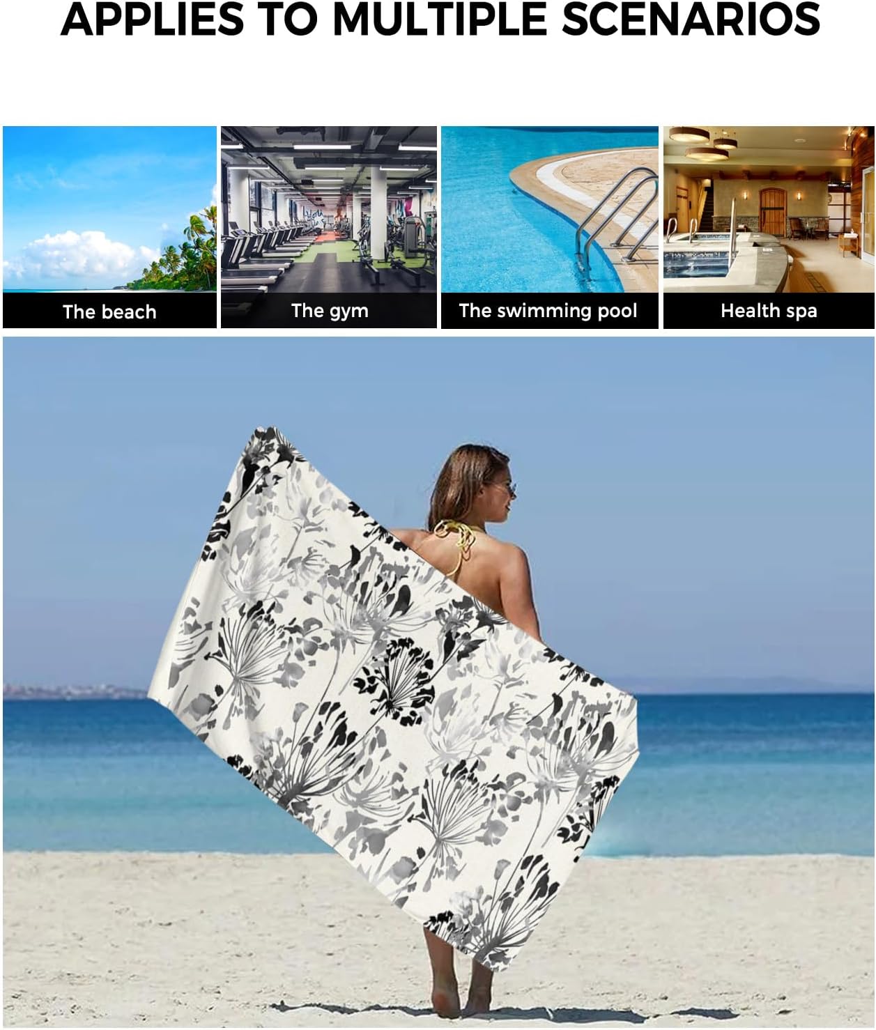Smile Sunflower 3 Pcs Bath Towel Set Grey and Black Flowers