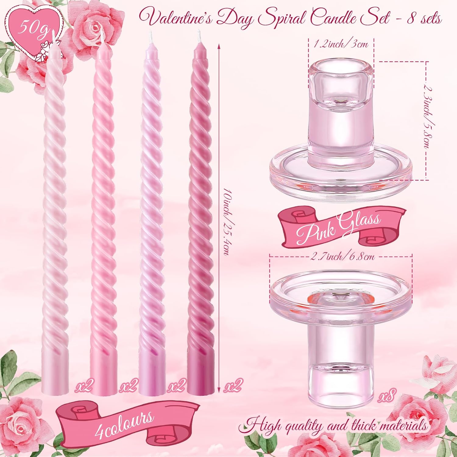 16 Pcs Pink Spiral Taper Candles Set for Valentine Wedding