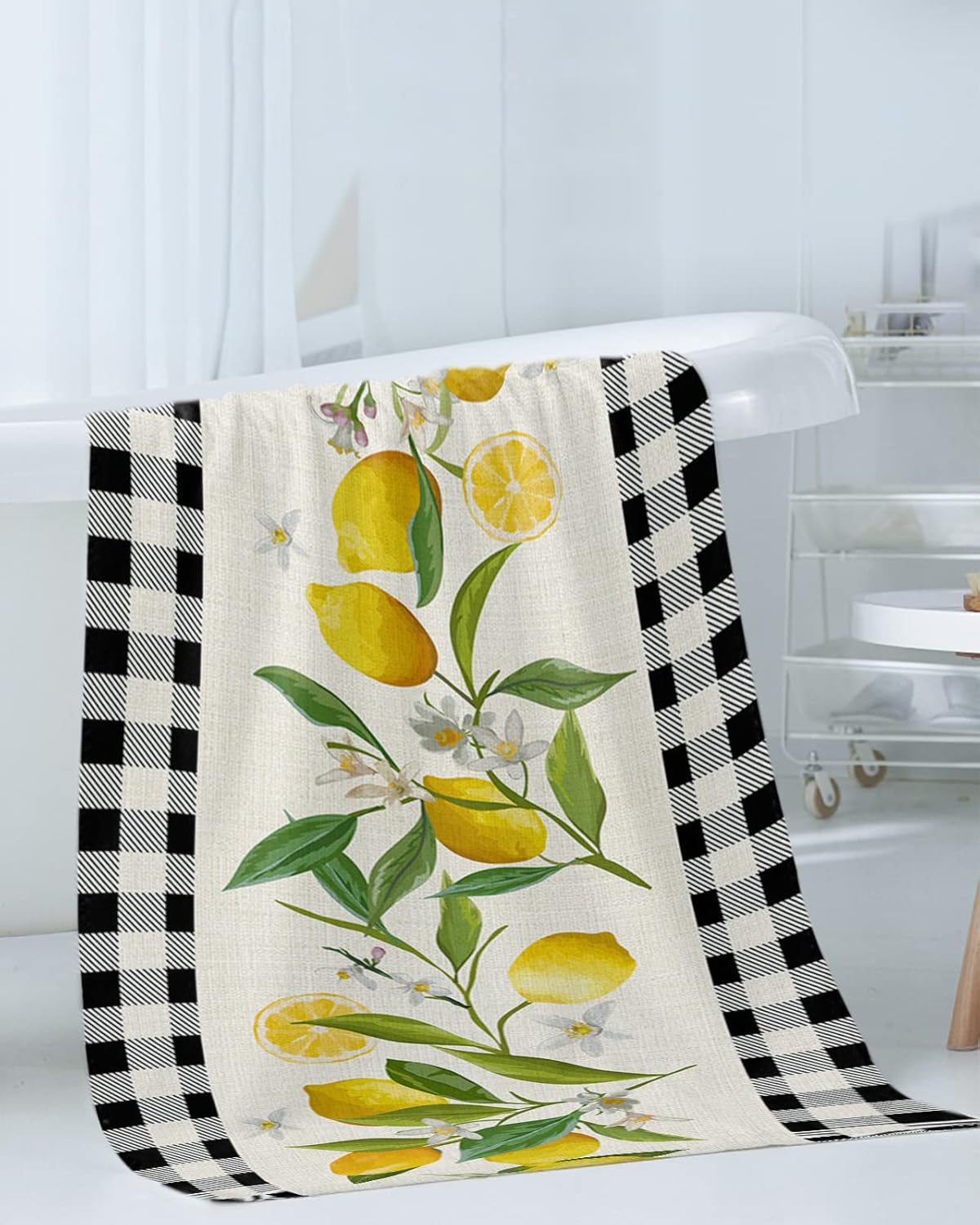 Smile Sunflower 3 Pcs Bath Towel Set - Soft Black Plaid Lemon Linen
