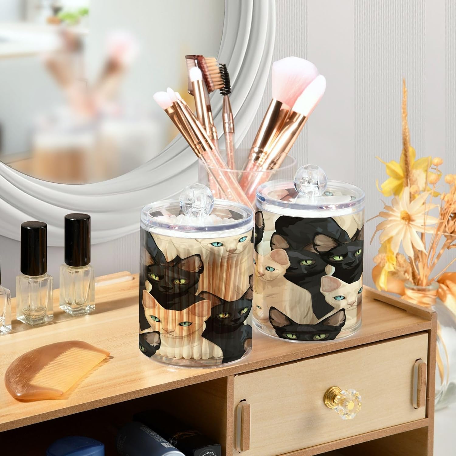 YETTASBIN Cat Clear Storage Jars 2 Pack for Bathroom Vanity Organization