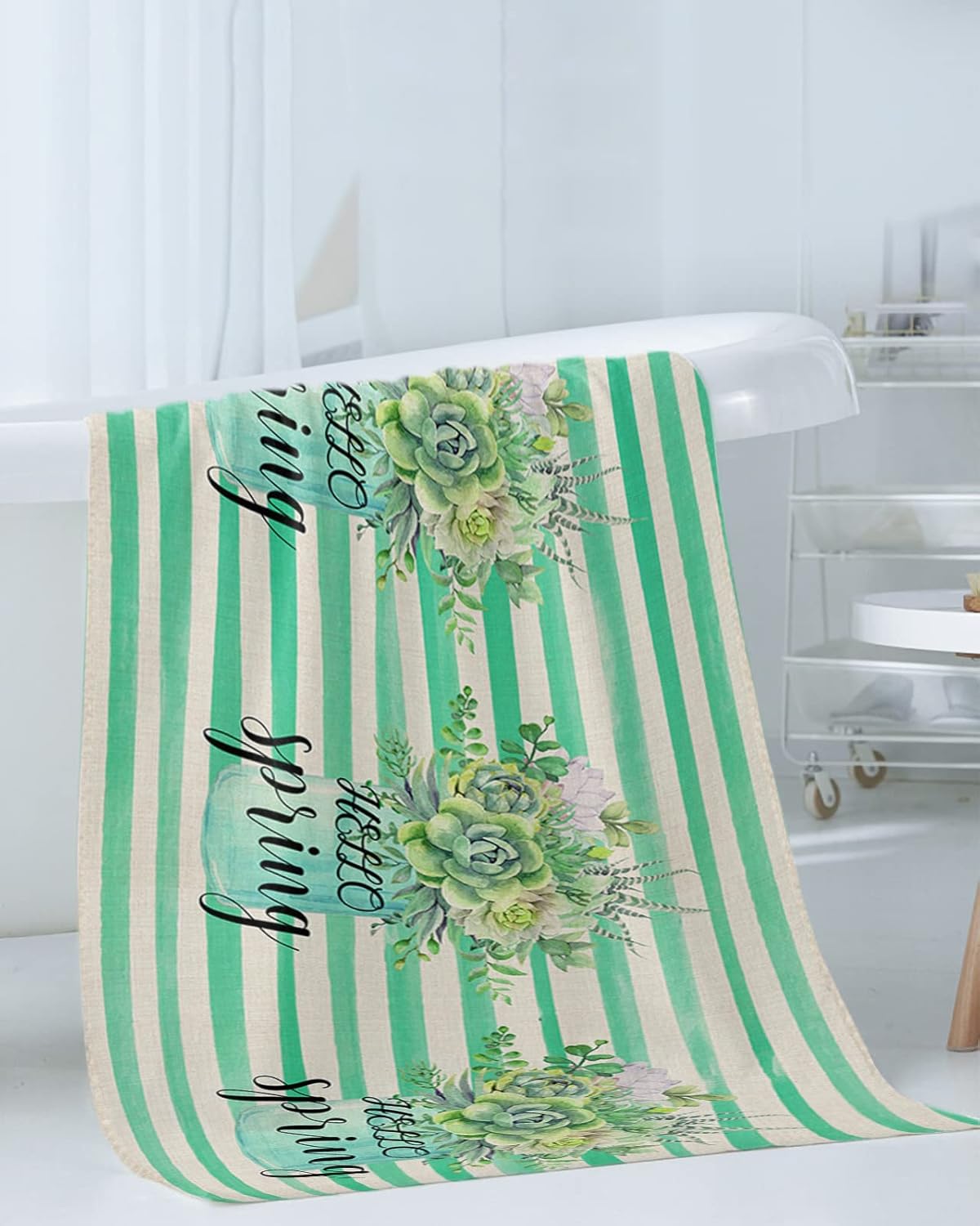 Chees D Zone Bath Towel Set with Green Succulent Design