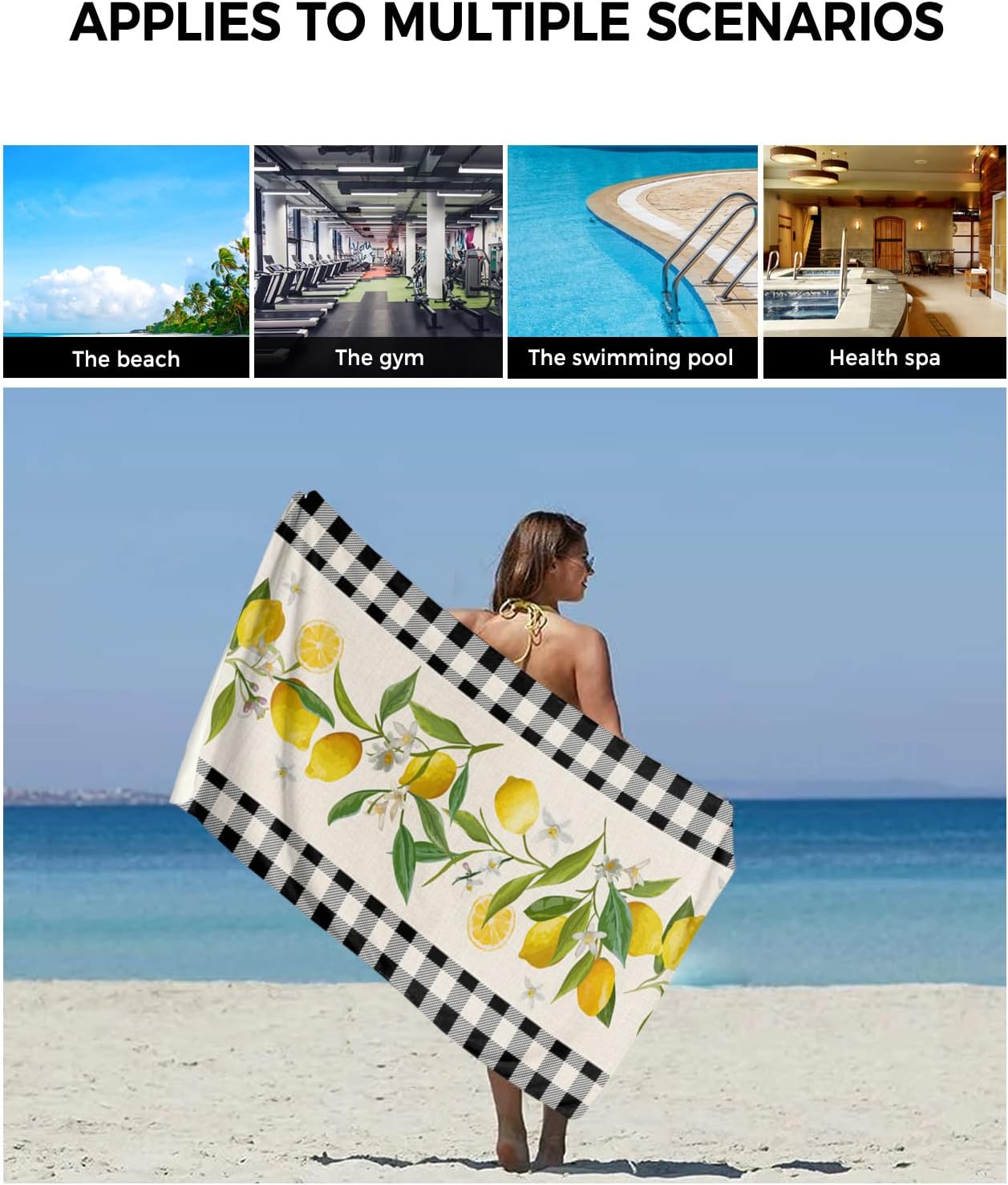 Smile Sunflower 3 Pcs Bath Towel Set - Soft Black Plaid Lemon Linen