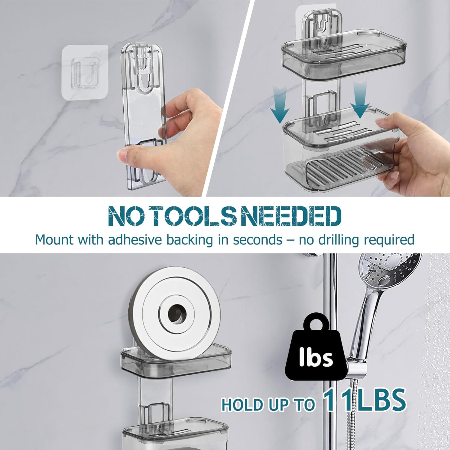 Double Layer Soap Dish Wall Mounted Transparent Gray Holder with Drainage
