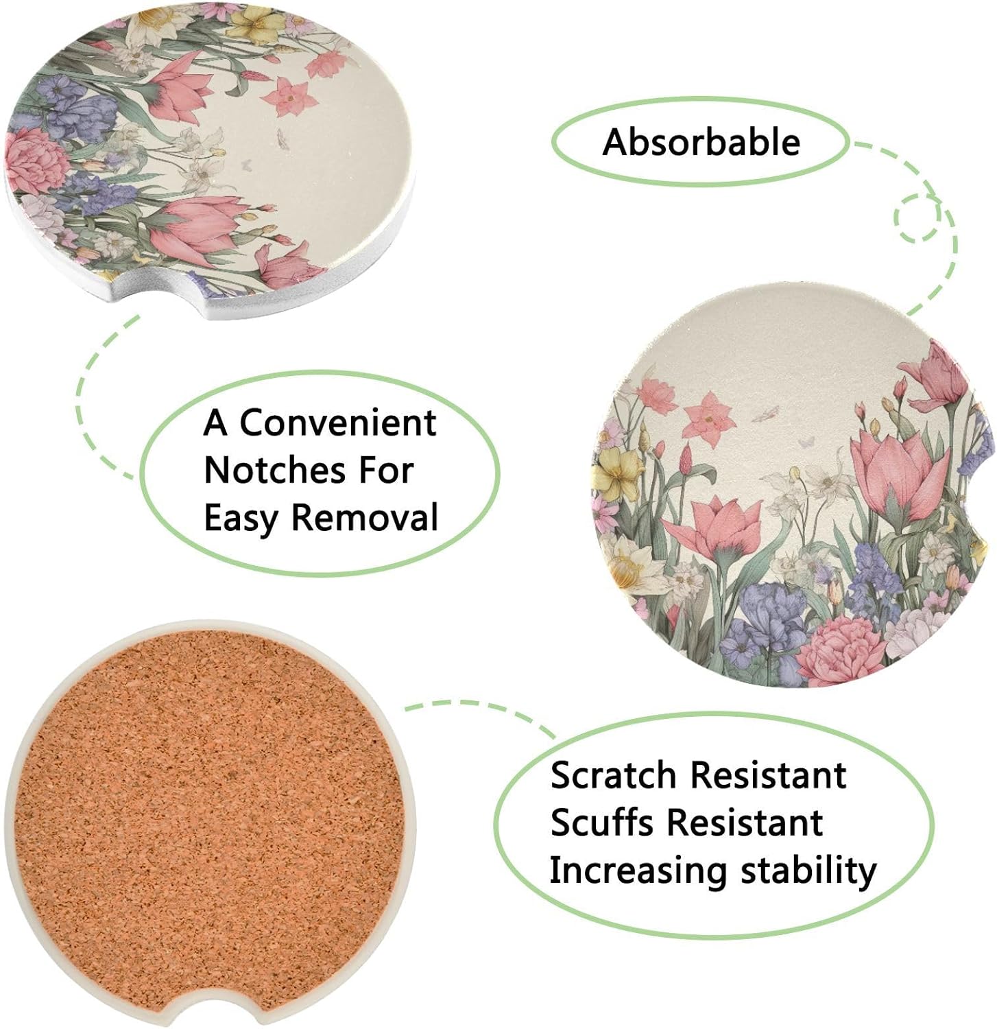 Retro Flowers Car Cup Holder Coasters 2 Pack