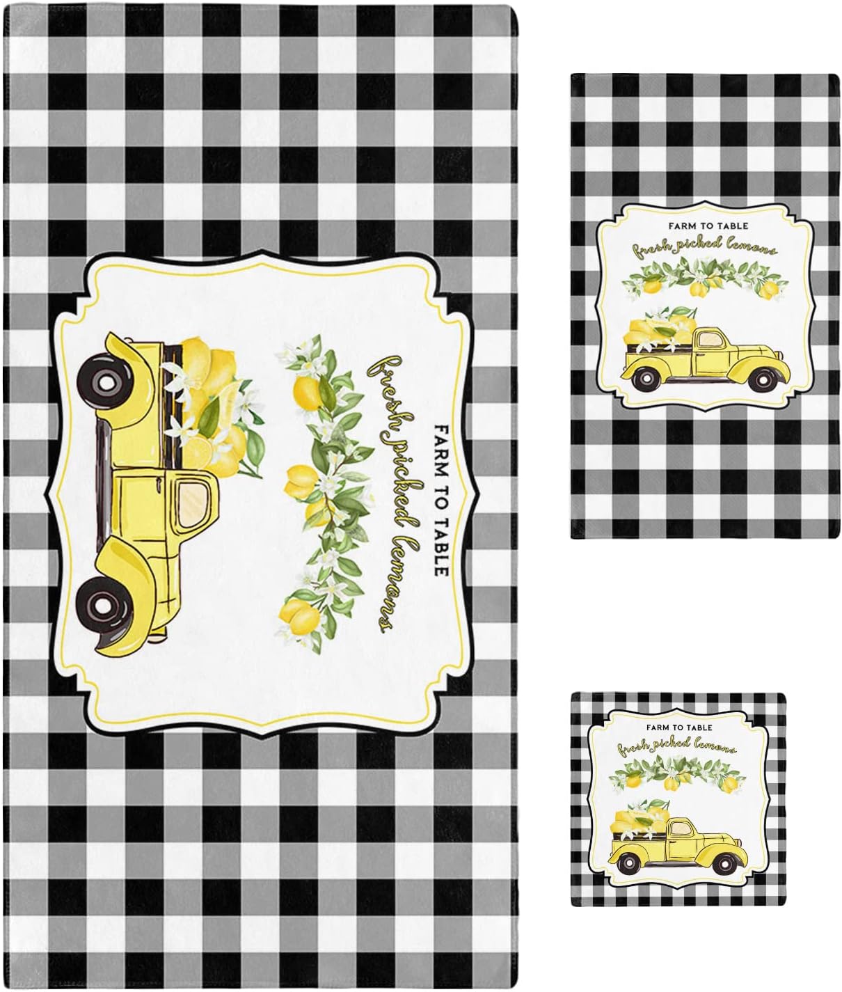 Shine-Home Summer Lemon Plaid Towel Set 3pcs