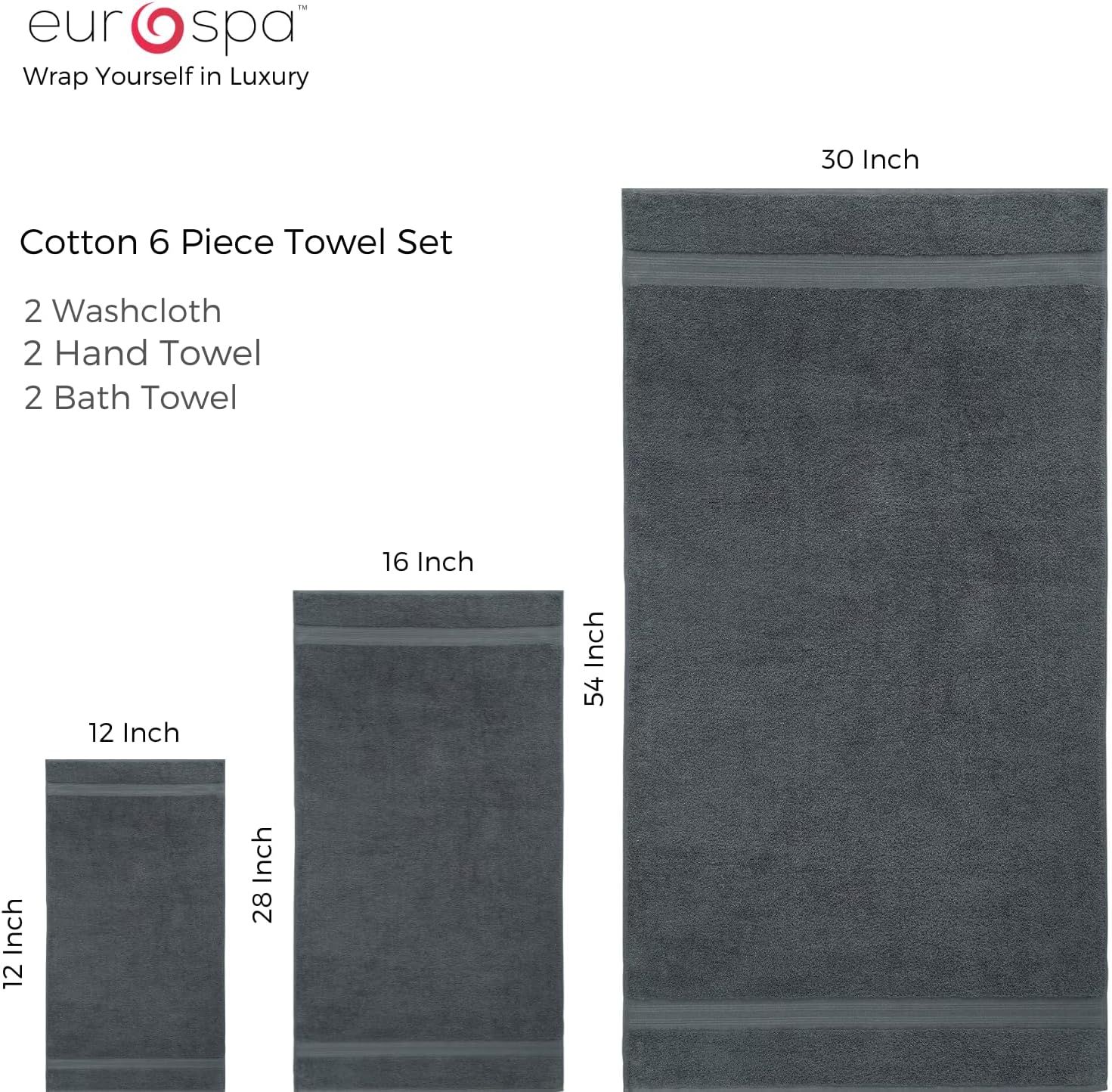 EuroSpa 100 Cotton 6 Piece Towel Set - Light Grey