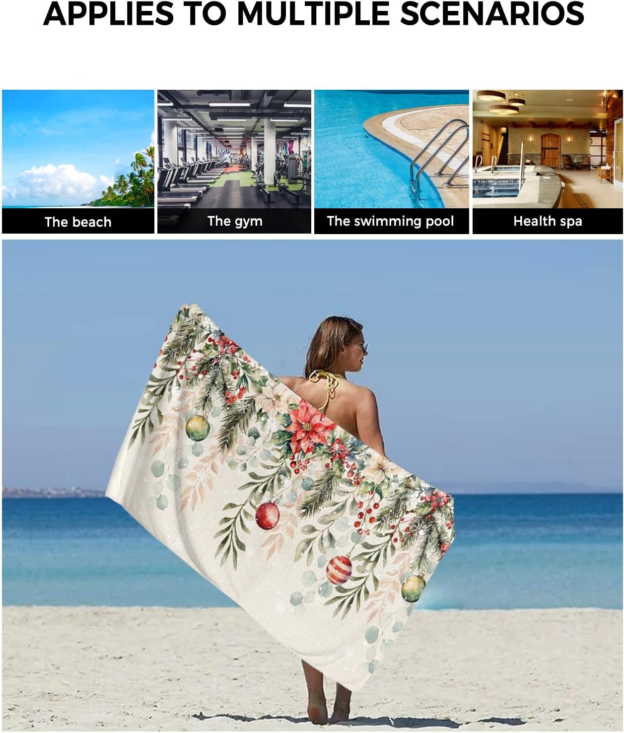 Christmas Bath Towels Set of 3 - Poinsettia Holly Eucalyptus Decor