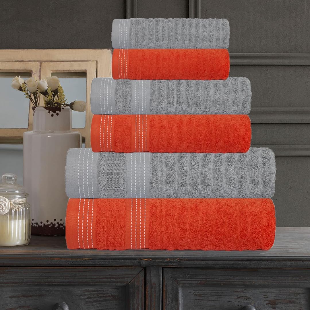 CASA COPENHAGEN 6-Piece Ribbed Towel Set - Orange Grey Violet