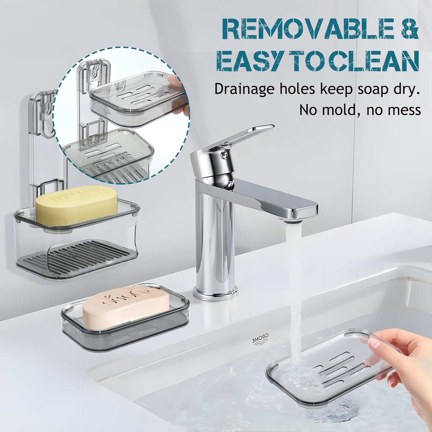 Double Layer Soap Dish Wall Mounted Transparent Gray Holder with Drainage