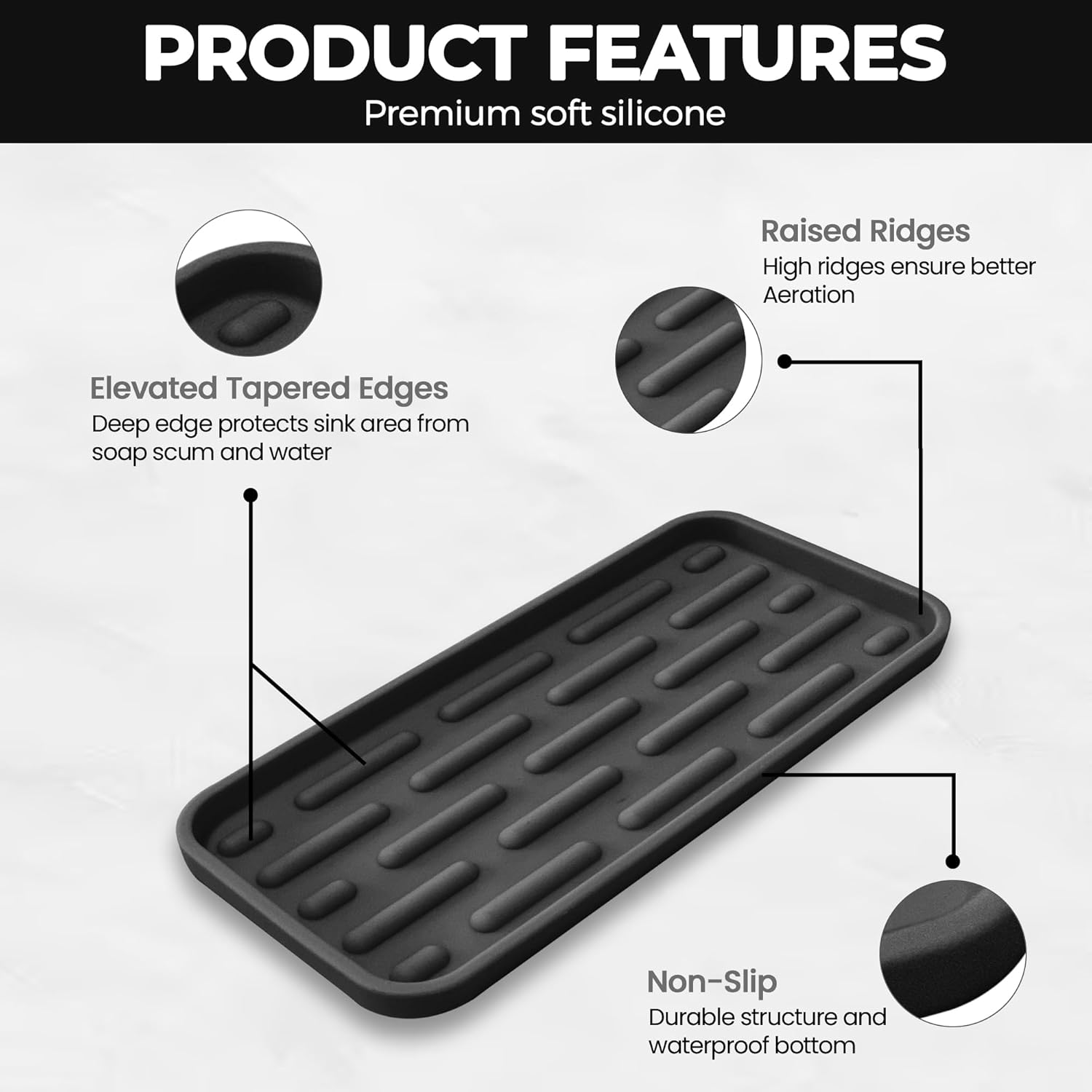 DENDEN Home Silicone Bathroom Vanity Tray - 9x4 Black