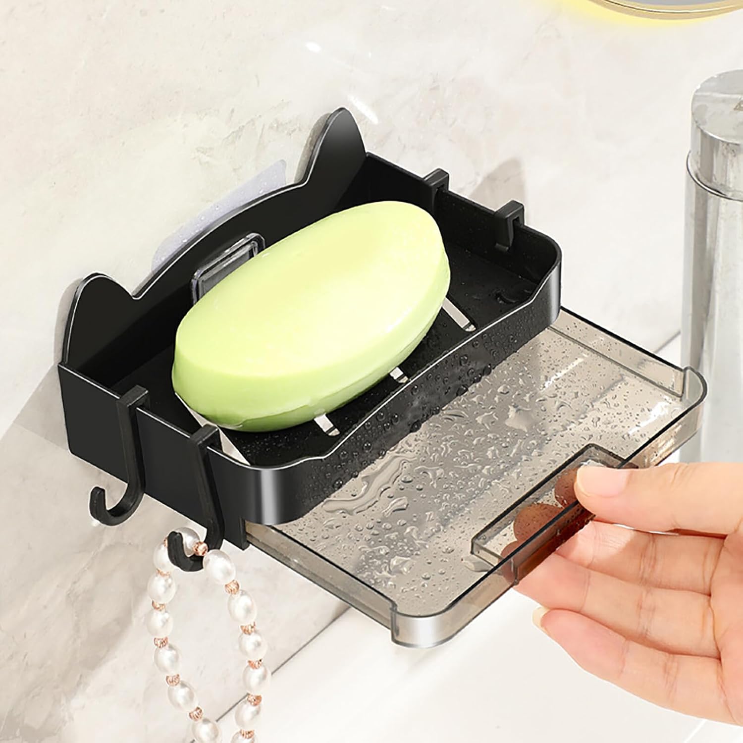 Whimsical Cat Soap Dish with 4 Hooks - Wall Mount Holder