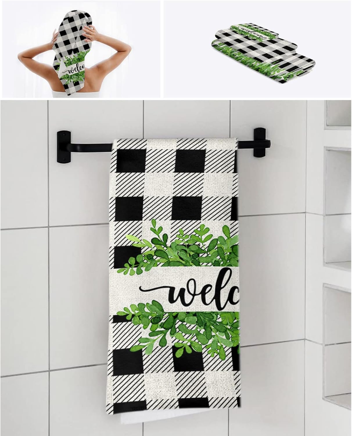 Chees D Zone Bath Towel Set with Green Leaves and Black Plaid Design