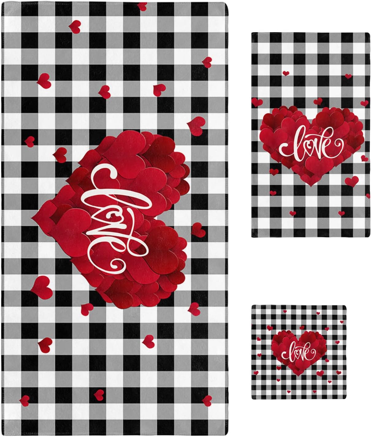 Shine-Home Valentine Towel Set - Red Black Plaid Microfiber Bath Towels and Washcloths