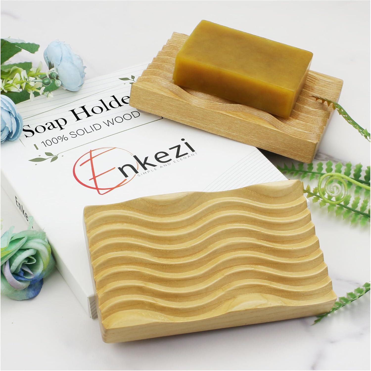 ENKEZI 2-Pack Wooden Soap Dish for Shower and Bath