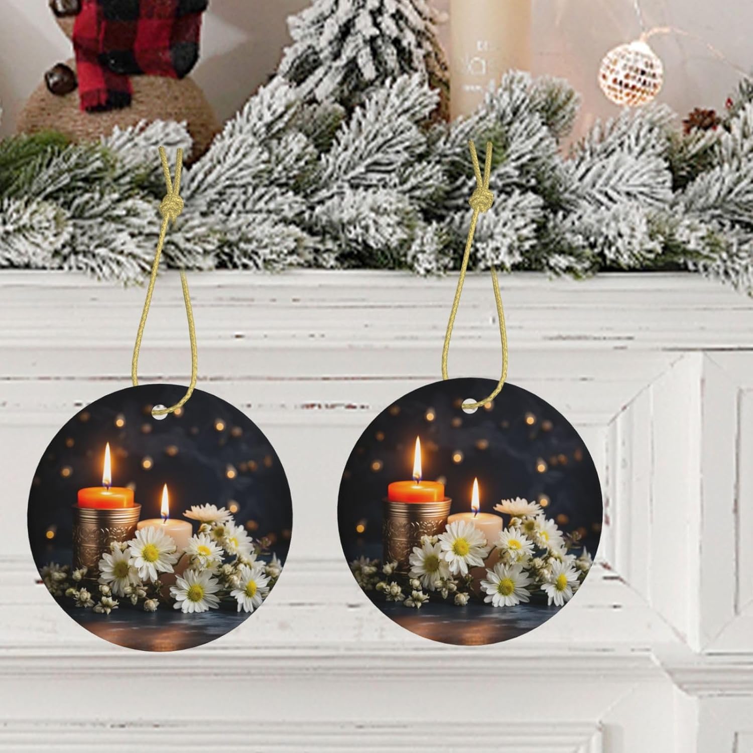 ProxXi Stones with Candles Daisy Print Round Christmas Tree Ceramic Hanging Accessories